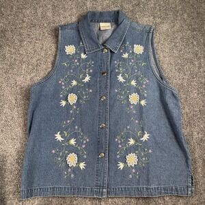 Decorated Originals Denim Vest Women S Blue Floral Embroidered Cottage Boho Y2K‎